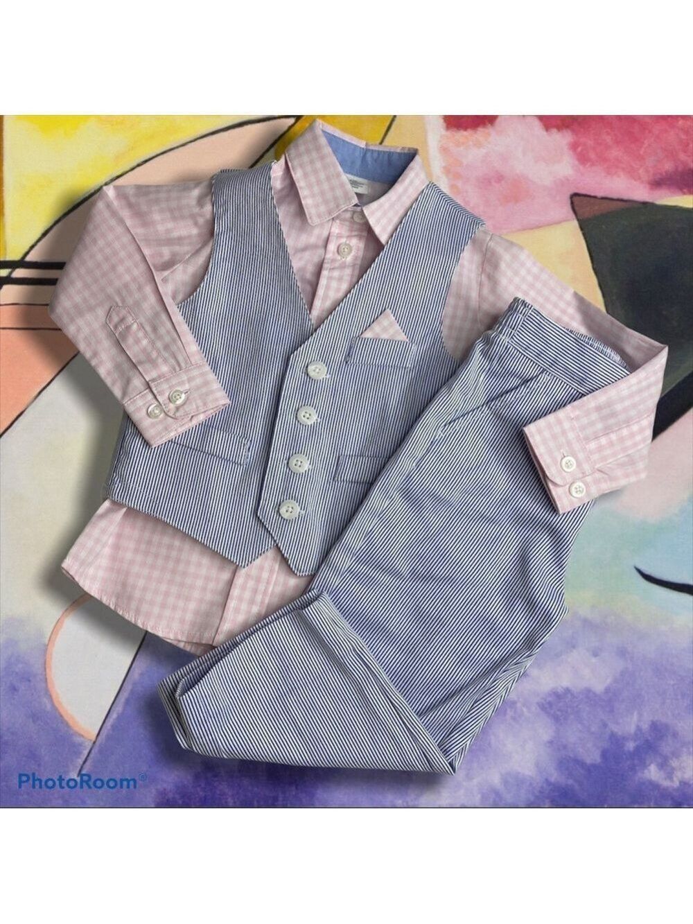 Starting Out Seersucker Gingham Tux Suit Blue White Pink 24 Mo
